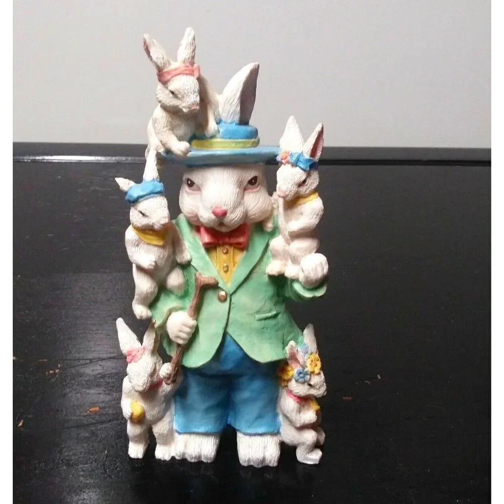 Easter Bunny Family Figurine STATUE 6 Rabbits Dad & kids Resin 7.5
